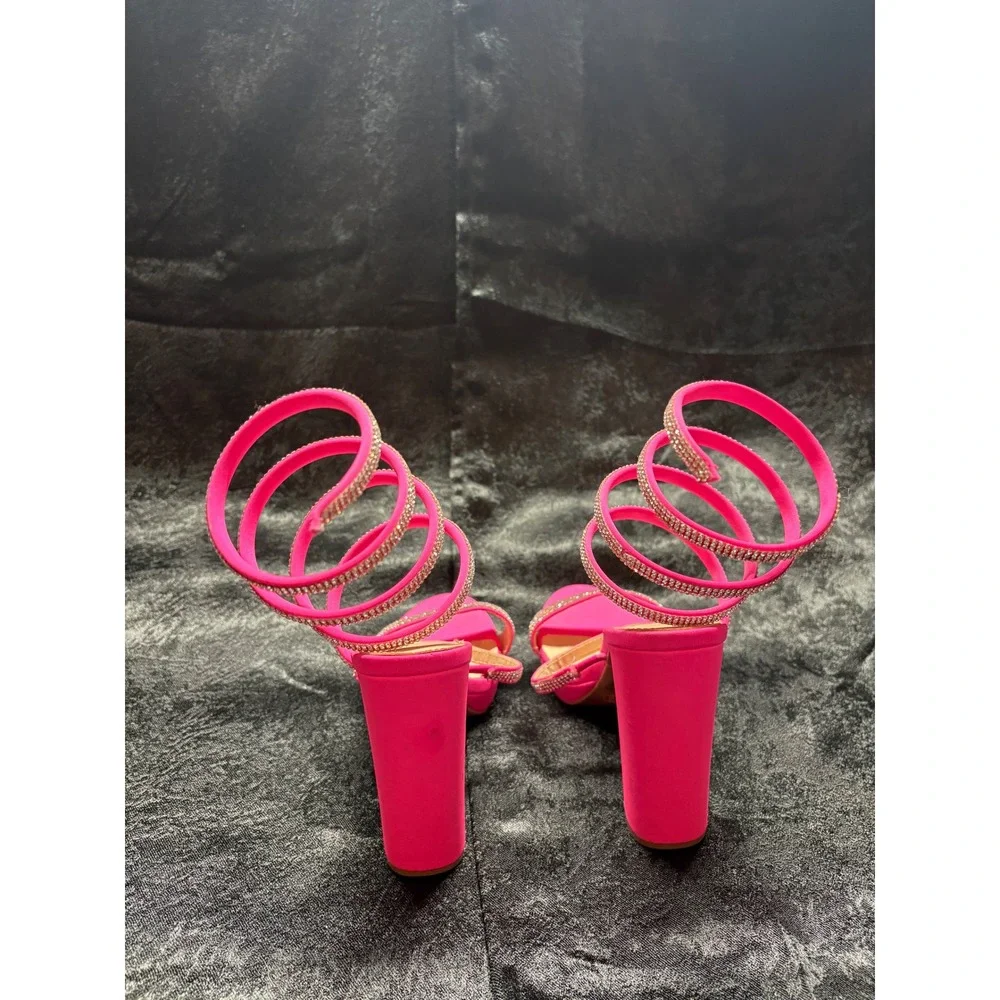 Charlotte Russe Hot Pink Rhinestone Spiral Wrap Around Block Heel Sandals Size 8